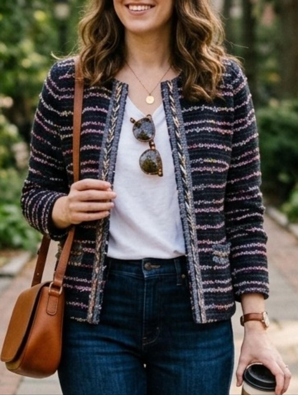 Talbots Navy Bouclé Open-Front Jacket with Multicolor Stripes